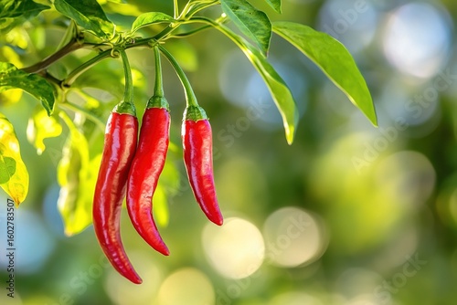 Red-hot chili peppers hanging from a tree branch on a blurred green background with copy space, a natural organic food concept, Spicy vegetable, natural organic fresh vegetable product design