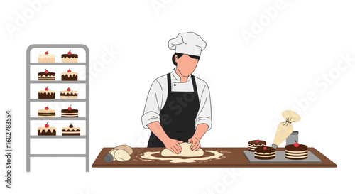Baker Kneading Dough with Cakes on Display