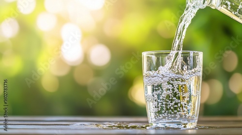 Water being poured into a glass on a wooden table with a blurred green background, close up, outdoors in nature, healthy lifestyle and drinking clean, fresh, natural mineral water