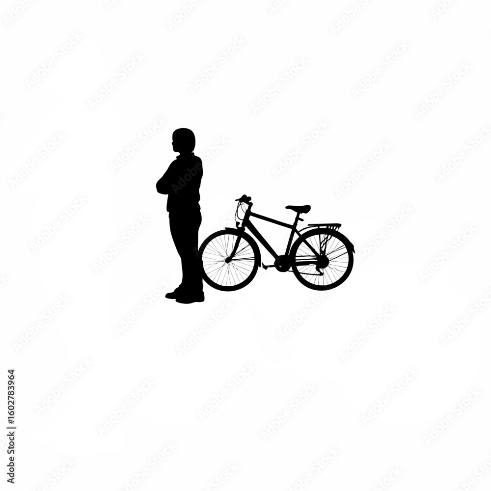 Obraz premium Silhouette of person waiting beside parked bicycle on white background