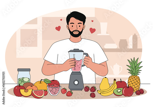 Man happily making a fruit smoothie in his kitchen.