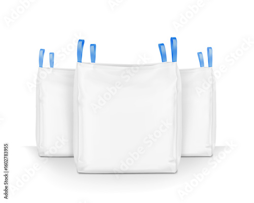 Flexible intermediate bulk container big bag mockups. High realistic. Vector illustration isolated on white background. Ready for use in presentation, promo, advertising and more. EPS10.