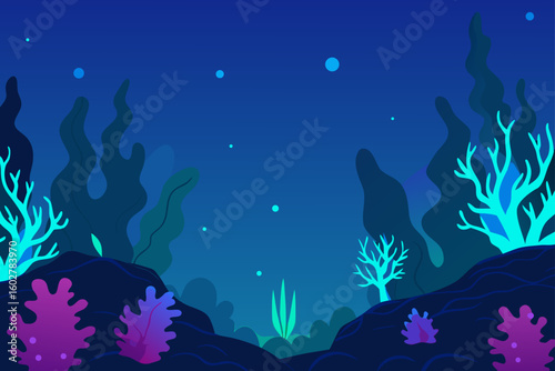 Vibrant underwater landscape with bioluminescent flora