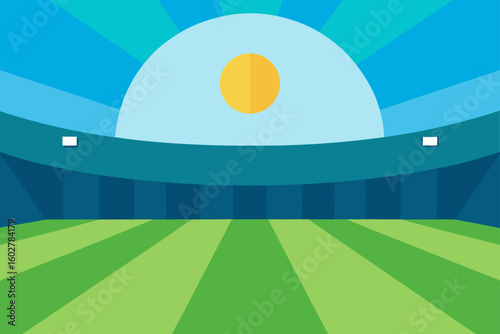 Vibrant sports stadium with sun and green field