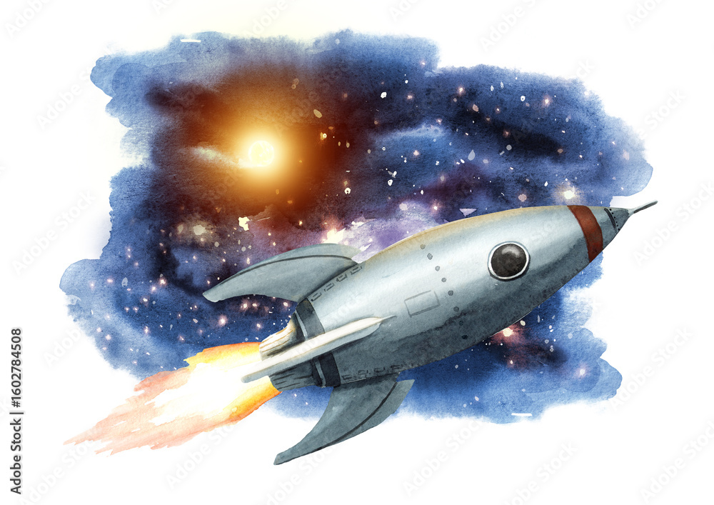 Fototapeta premium Space Rocket in the sky. Hand drawn watercolor illustration, isolated on white background