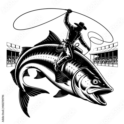 Vector Silhouette of a Cowboy Riding a Giant Fish with Lasso isolated on white