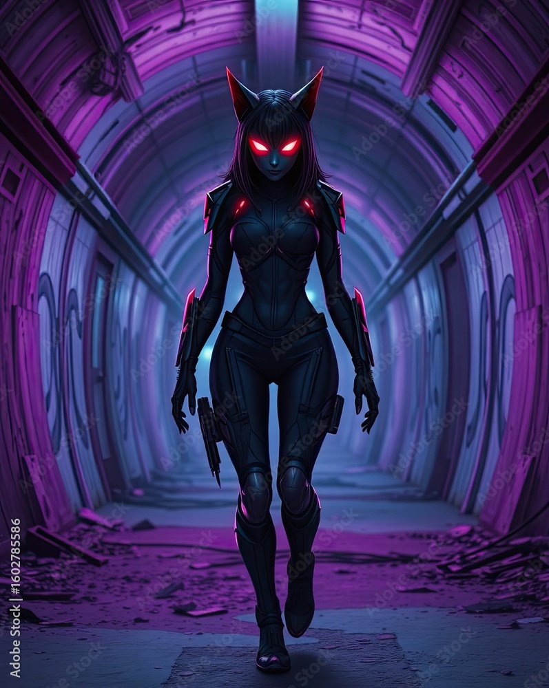 Fototapeta premium Glowing Tunnel Passageway With Stealth Operative