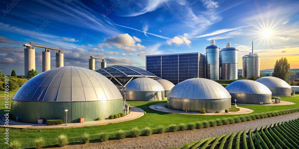 Obraz premium Modern Sustainable Biogas Plant with Solar Panels and Storage Silos at Sunset