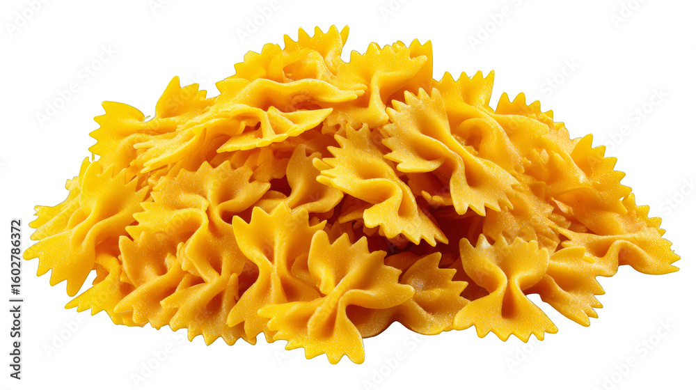 Fototapeta premium Pile of vibrant yellow farfalle pasta creates a delicious food background on a stark black backdrop, ideal for culinary designs and presentations.