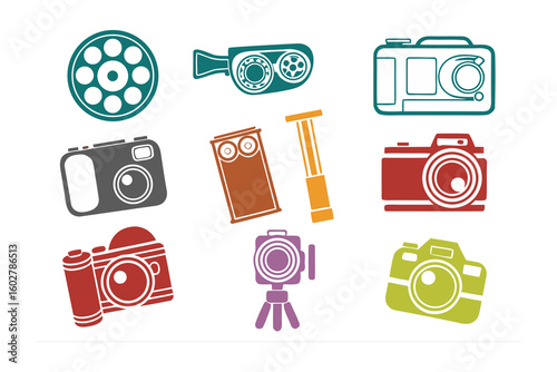 A vibrant collection of vintage and modern cameras and film equipment illustrated in a playful artistic style