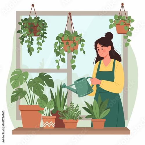 Woman watering potted houseplants on a windowsill creating a green oasis