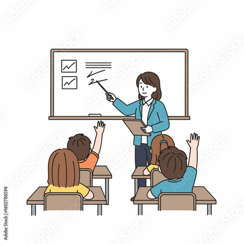Female teacher instructing students in a classroom with hands raised during a lesson