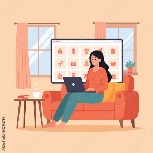 Woman working remotely on laptop enjoying coffee at home