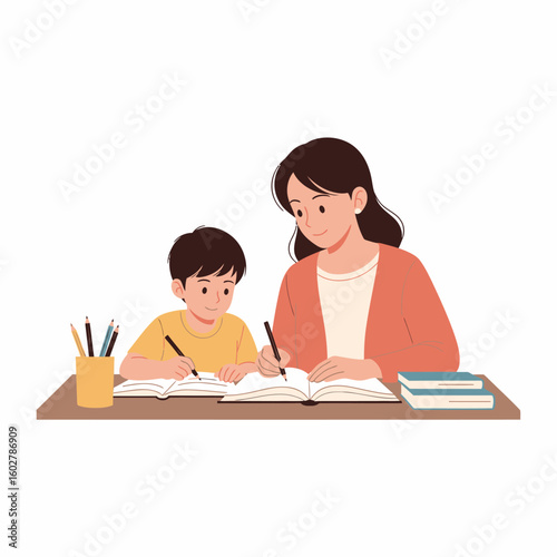 Mother and son studying together doing homework at home