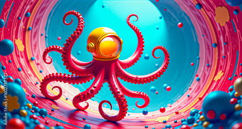 Сolorful octopus with its tentacles spread out. 
The scene featuring a colorful octopus in a diving helmet is a surreal, colorful environment filled with various spherical  objects.