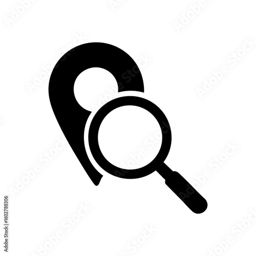 magnifying glass placed over a simple map pin icon
