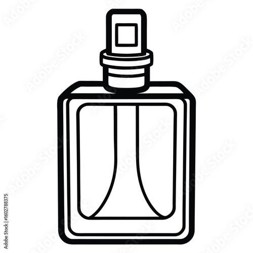 Simple outline illustration of a rectangular glass perfume bottle with a spray atomizer top
