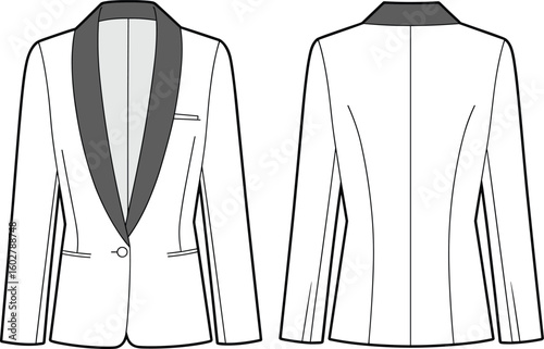 Tuxedo blazer flat sketch, shawl collar, one button jacket, tailored fit, fashion CAD, vector template, formalwear illustration design