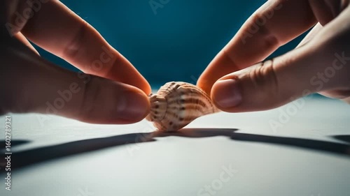 Hands Gently Holding a Seashell on White Surface