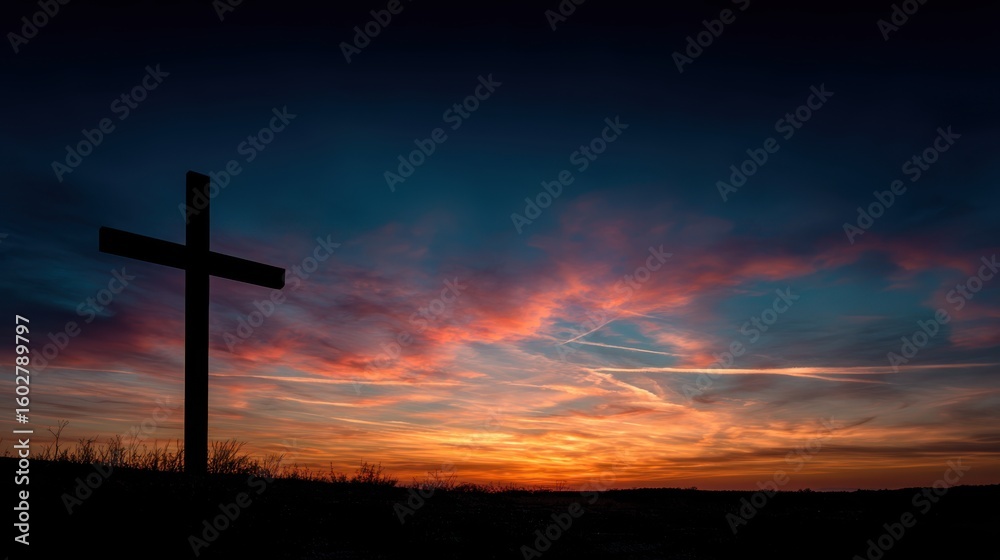 Fototapeta premium Silhouette of a cross against a vibrant sunset sky isolated on white background