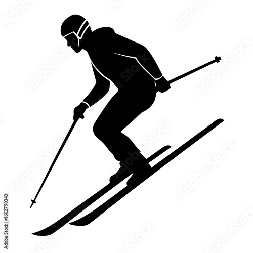 Skier descending slope with poles skiing winter sport