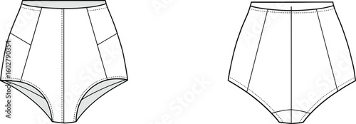 Flat sketch of high-waisted women’s underwear front and back, modern lingerie design with technical seam details, intimate apparel blueprint for fashion catalogs