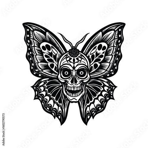 Black and white butterfly tattoo design with tribal wings and floral ornaments
