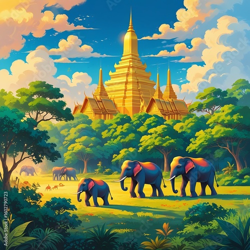 A vibrant scene of elephants roaming near lush greenery with a golden temple rising in the background under a colorful, partly cloudy sky.