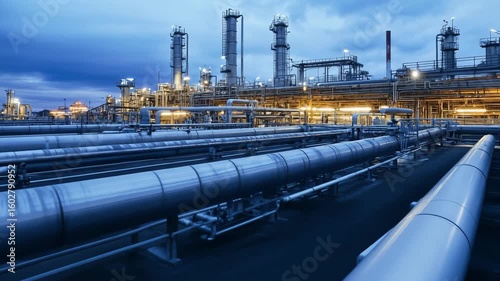 Industrial oil refinery with pipelines and processing equipment against blue sky. Ideal for energy industry and infrastructure content.