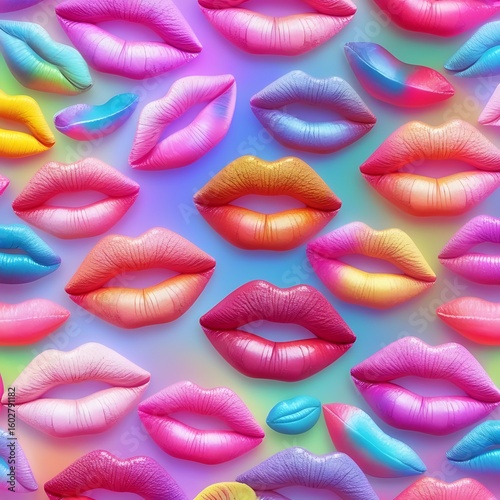 Colorful, glossy lips in various shades and gradients form a vibrant and playful pattern against a soft, iridescent background.