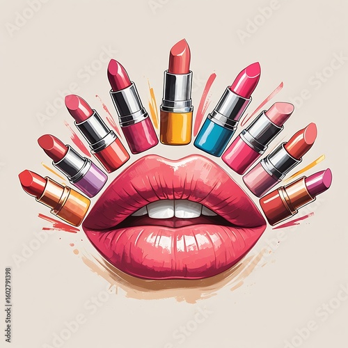Vibrant illustration of glossy lips surrounded by various lipstick shades in a semi-circle, representing beauty and makeup.