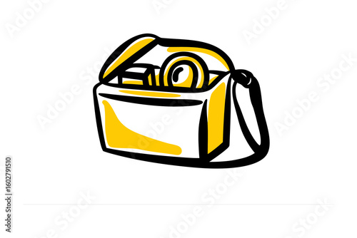 A simple hand drawn illustration of an open yellow messenger bag filled with various items for everyday use