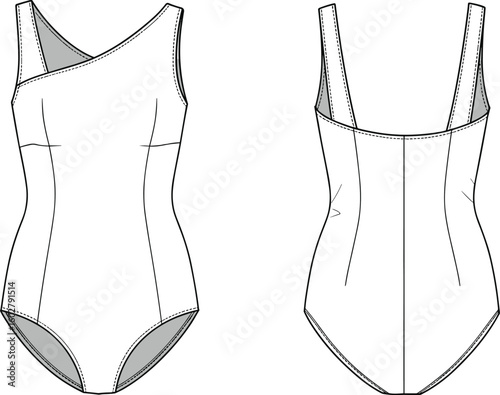 Asymmetrical one-piece swimsuit flat sketch, front and back view, stylish technical design, modern activewear with zipper and strap detailing for fashion catalogs