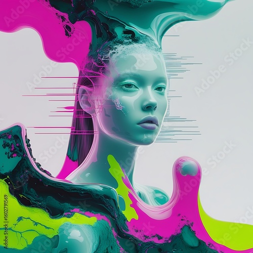 A futuristic digital portrait of a woman with abstract, fluid shapes and vibrant neon colors blending seamlessly into her form.