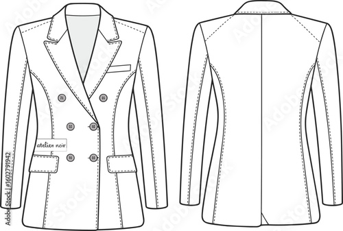 Women double breasted blazer, formal tailored jacket, flat sketch, fashion technical drawing, front and back view, CAD vector illustration