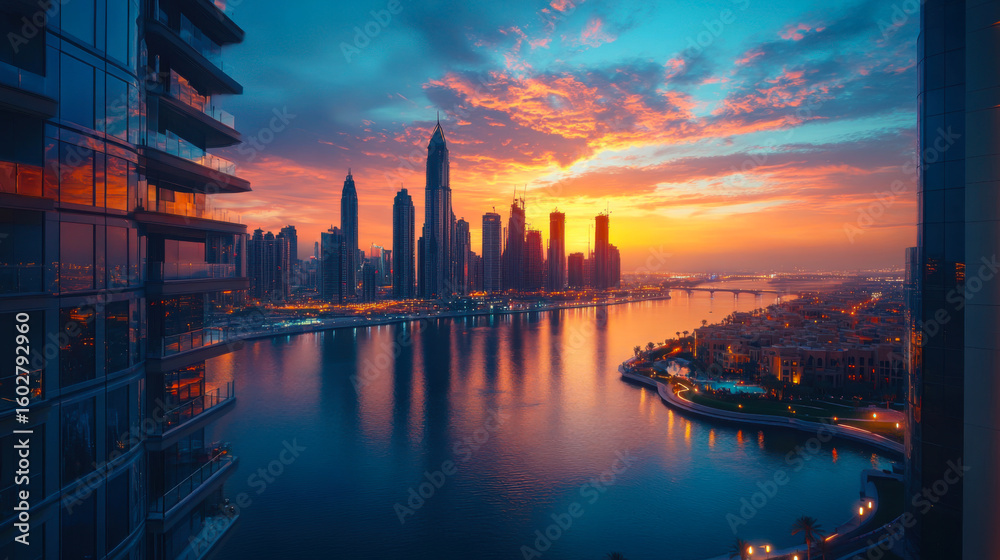 Fototapeta premium silhouette of downtown against lagoon