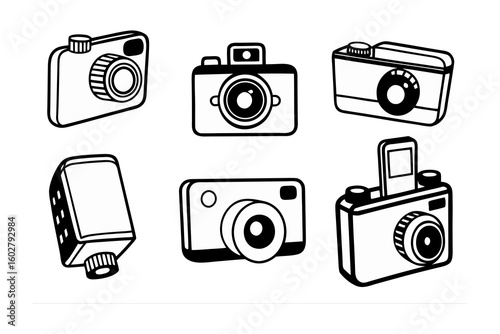 A collection of six hand drawn black and white illustrations of various vintage and modern cameras in a simple doodle art style
