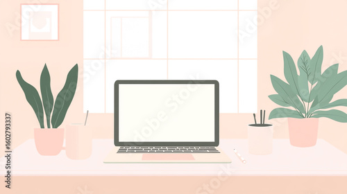 Minimalistic flat design of a workspace, laptop, coffee cup, plants, soft pastel palette.