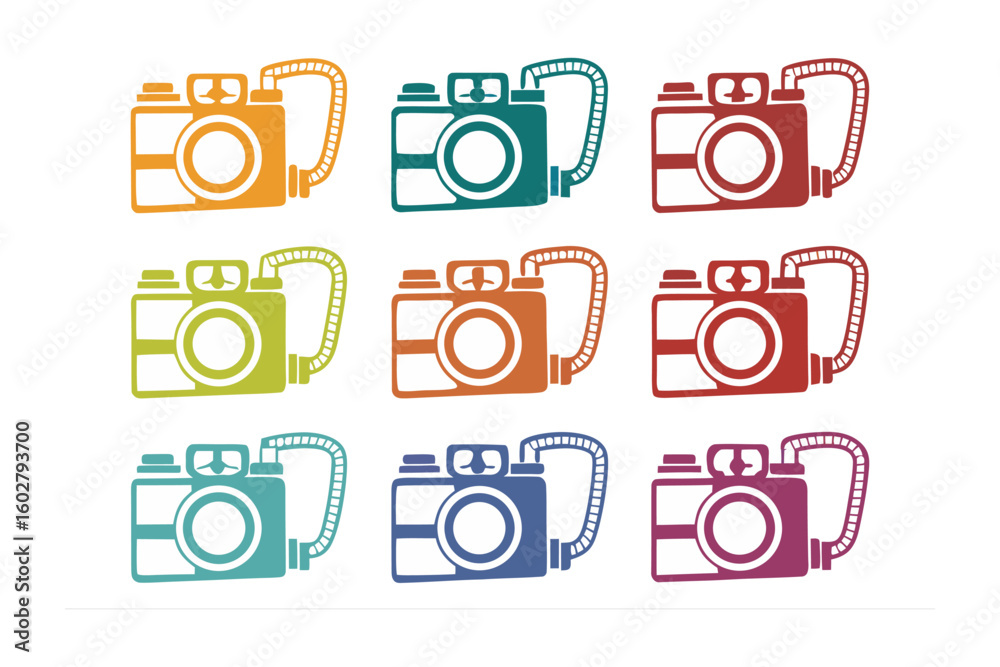 A vibrant collection of nine retro camera illustrations in a grid pattern each with a unique colorful distressed texture