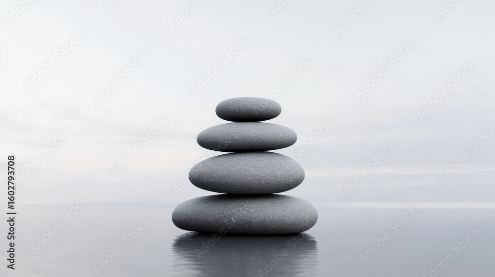 Tranquil Stone Stacks on Calm Water with Soft Cloudy Sky Background Tranquil Stone Stacks on Calm Water with Soft Cloudy Sky Background