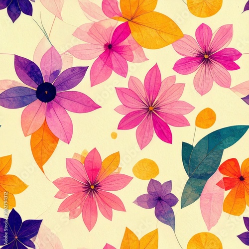Wallpaper Mural Seamless Floral Pattern with Watercolor Flowers on Cream Background Torontodigital.ca