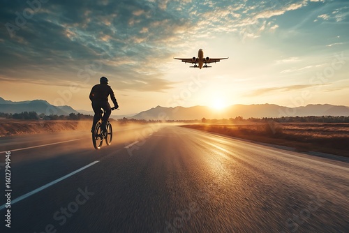 Biker on Open Road with Airplane Passing Overhead at Sunset Silhouette View