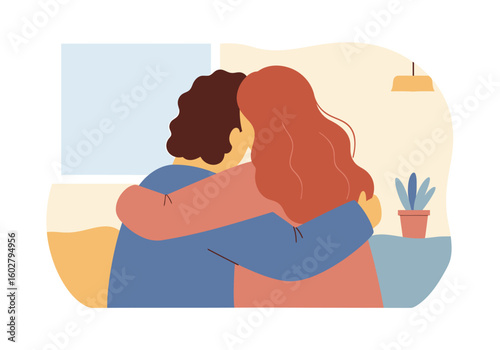 Two people embrace, sharing a tender moment of affection and support, indoors.