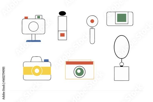 Collection of vintage and modern cameras and photography equipment illustrated in a clean minimalist style