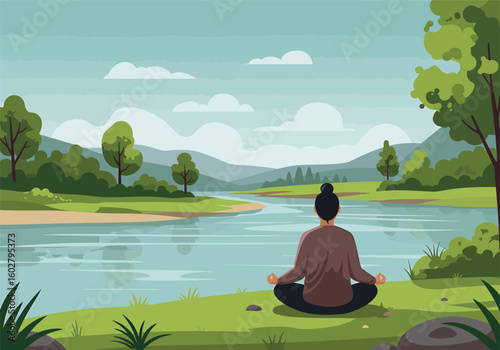 A person meditating peacefully by a serene river, surrounded by nature's beauty.
