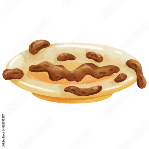 Dirty white plate in watercolor painting style, dirty dishes illustration vector, clip art dirty dishes