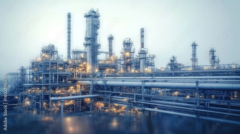 Obraz premium Double exposure of refinery plant and Crude Oil pump oil rig energy industrial machine for petroleum background