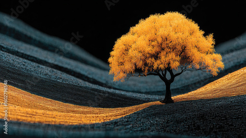 Vibrant tree with golden leaves stands prominently against dark, textured background, symbolizing growth and success. contrast between bright foliage and muted landscape evokes sense of hope