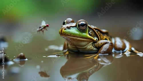 Moor frog eating a small fly