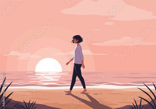 A woman walks along a sandy beach at sunset, with the sun reflecting on the ocean waves.